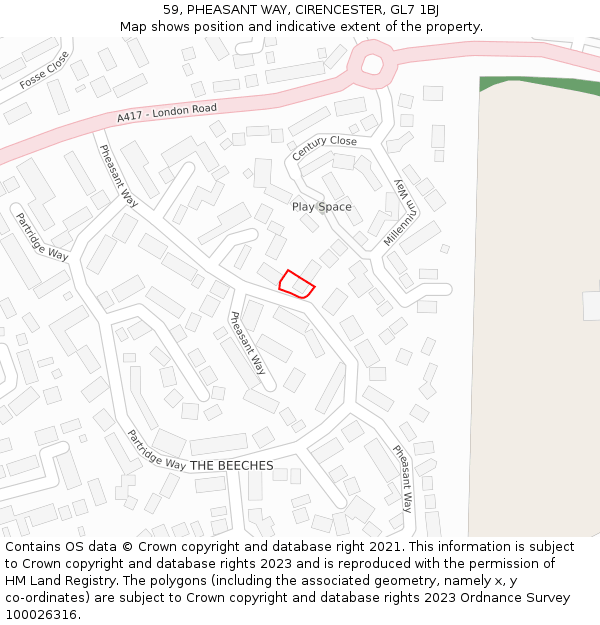 59, PHEASANT WAY, CIRENCESTER, GL7 1BJ: Location map and indicative extent of plot