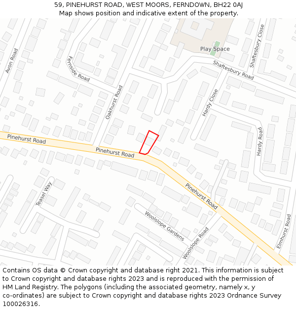 59, PINEHURST ROAD, WEST MOORS, FERNDOWN, BH22 0AJ: Location map and indicative extent of plot