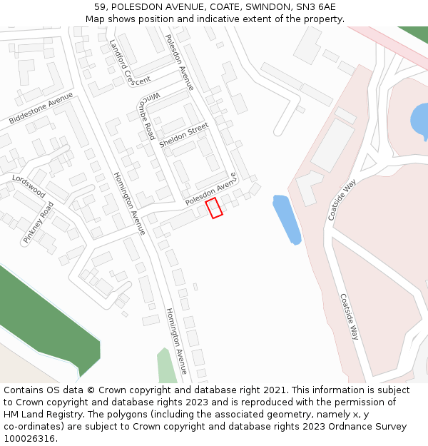 59, POLESDON AVENUE, COATE, SWINDON, SN3 6AE: Location map and indicative extent of plot