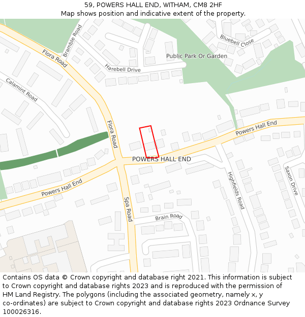 59, POWERS HALL END, WITHAM, CM8 2HF: Location map and indicative extent of plot