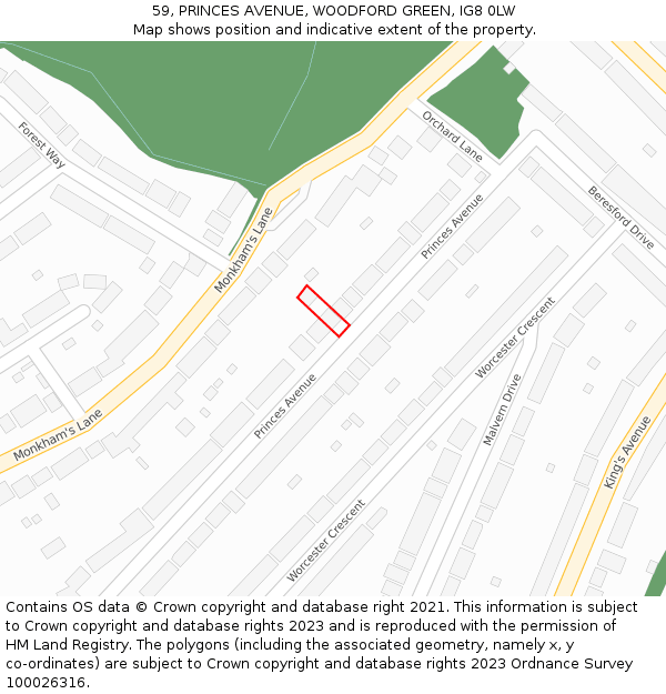 59, PRINCES AVENUE, WOODFORD GREEN, IG8 0LW: Location map and indicative extent of plot