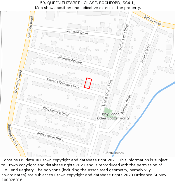 59, QUEEN ELIZABETH CHASE, ROCHFORD, SS4 1JJ: Location map and indicative extent of plot