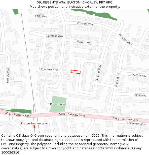 59, REGENTS WAY, EUXTON, CHORLEY, PR7 6PG: Location map and indicative extent of plot