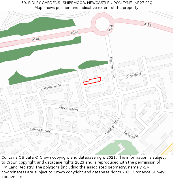 59, RIDLEY GARDENS, SHIREMOOR, NEWCASTLE UPON TYNE, NE27 0FQ: Location map and indicative extent of plot