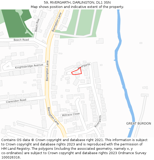 59, RIVERGARTH, DARLINGTON, DL1 3SN: Location map and indicative extent of plot