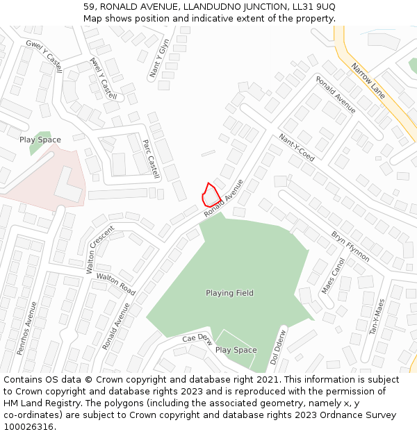 59, RONALD AVENUE, LLANDUDNO JUNCTION, LL31 9UQ: Location map and indicative extent of plot
