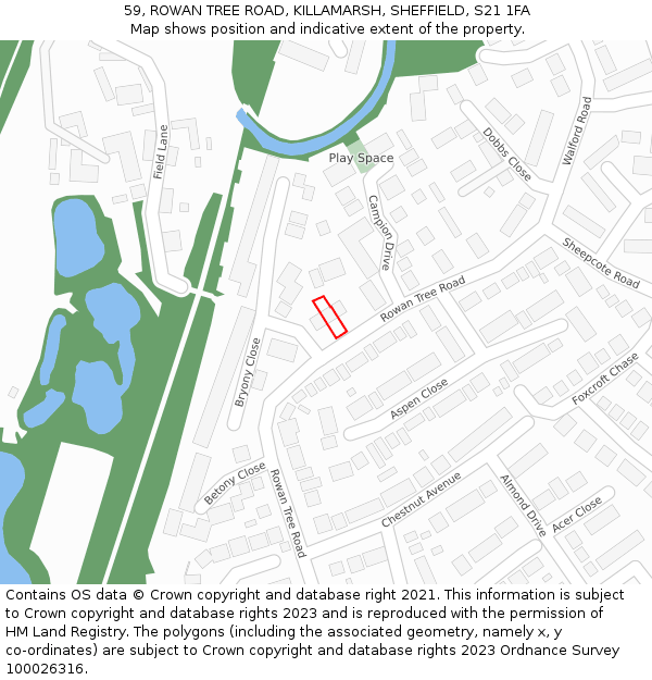 59, ROWAN TREE ROAD, KILLAMARSH, SHEFFIELD, S21 1FA: Location map and indicative extent of plot
