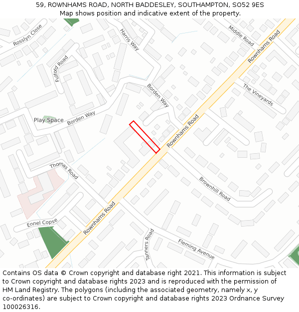 59, ROWNHAMS ROAD, NORTH BADDESLEY, SOUTHAMPTON, SO52 9ES: Location map and indicative extent of plot