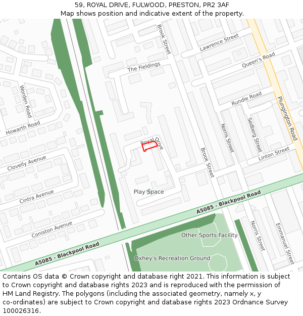 59, ROYAL DRIVE, FULWOOD, PRESTON, PR2 3AF: Location map and indicative extent of plot