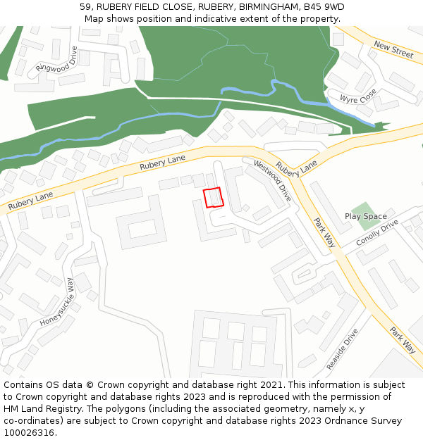 59, RUBERY FIELD CLOSE, RUBERY, BIRMINGHAM, B45 9WD: Location map and indicative extent of plot