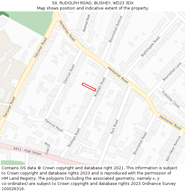 59, RUDOLPH ROAD, BUSHEY, WD23 3DX: Location map and indicative extent of plot