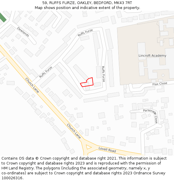 59, RUFFS FURZE, OAKLEY, BEDFORD, MK43 7RT: Location map and indicative extent of plot