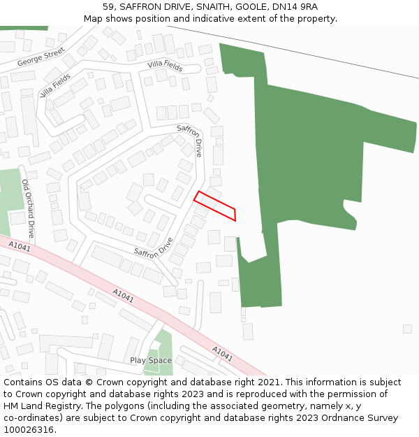 59, SAFFRON DRIVE, SNAITH, GOOLE, DN14 9RA: Location map and indicative extent of plot