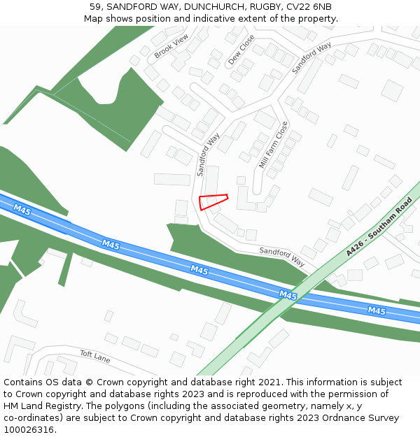 59, SANDFORD WAY, DUNCHURCH, RUGBY, CV22 6NB: Location map and indicative extent of plot