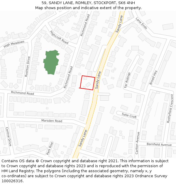 59, SANDY LANE, ROMILEY, STOCKPORT, SK6 4NH: Location map and indicative extent of plot