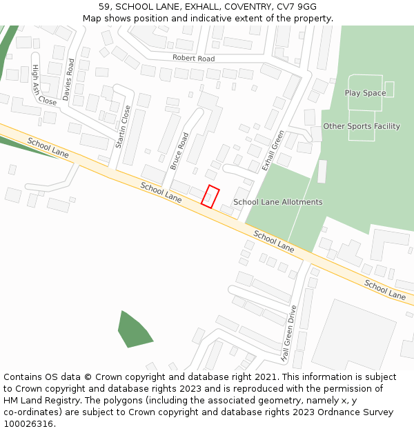 59, SCHOOL LANE, EXHALL, COVENTRY, CV7 9GG: Location map and indicative extent of plot