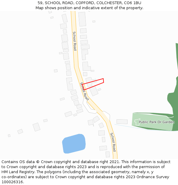 59, SCHOOL ROAD, COPFORD, COLCHESTER, CO6 1BU: Location map and indicative extent of plot