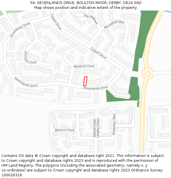 59, SEVENLANDS DRIVE, BOULTON MOOR, DERBY, DE24 5AD: Location map and indicative extent of plot