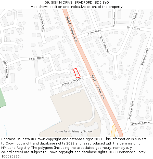 59, SISKIN DRIVE, BRADFORD, BD6 3YQ: Location map and indicative extent of plot