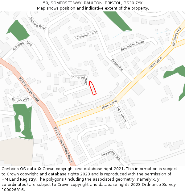 59, SOMERSET WAY, PAULTON, BRISTOL, BS39 7YX: Location map and indicative extent of plot