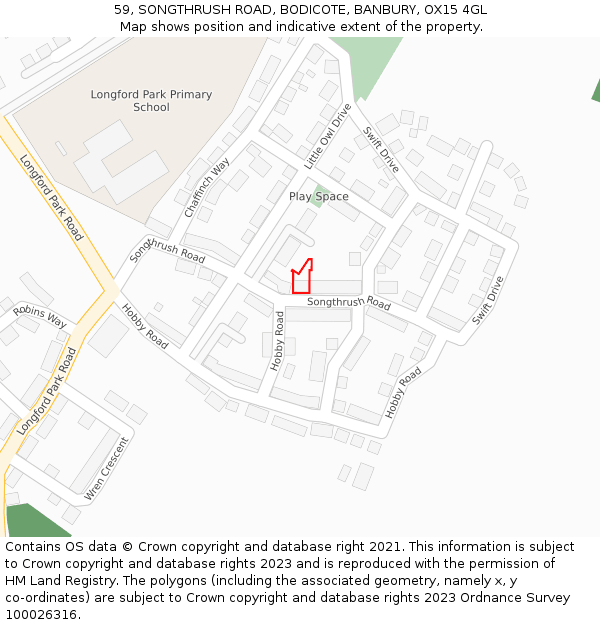 59, SONGTHRUSH ROAD, BODICOTE, BANBURY, OX15 4GL: Location map and indicative extent of plot