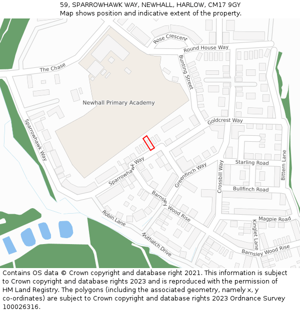 59, SPARROWHAWK WAY, NEWHALL, HARLOW, CM17 9GY: Location map and indicative extent of plot