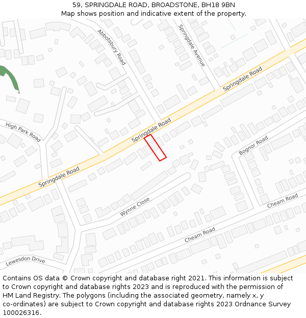 59, SPRINGDALE ROAD, BROADSTONE, BH18 9BN: Location map and indicative extent of plot