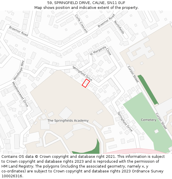 59, SPRINGFIELD DRIVE, CALNE, SN11 0UF: Location map and indicative extent of plot