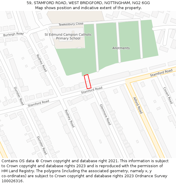 59, STAMFORD ROAD, WEST BRIDGFORD, NOTTINGHAM, NG2 6GG: Location map and indicative extent of plot