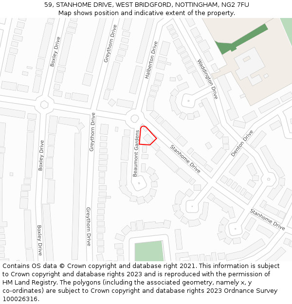 59, STANHOME DRIVE, WEST BRIDGFORD, NOTTINGHAM, NG2 7FU: Location map and indicative extent of plot