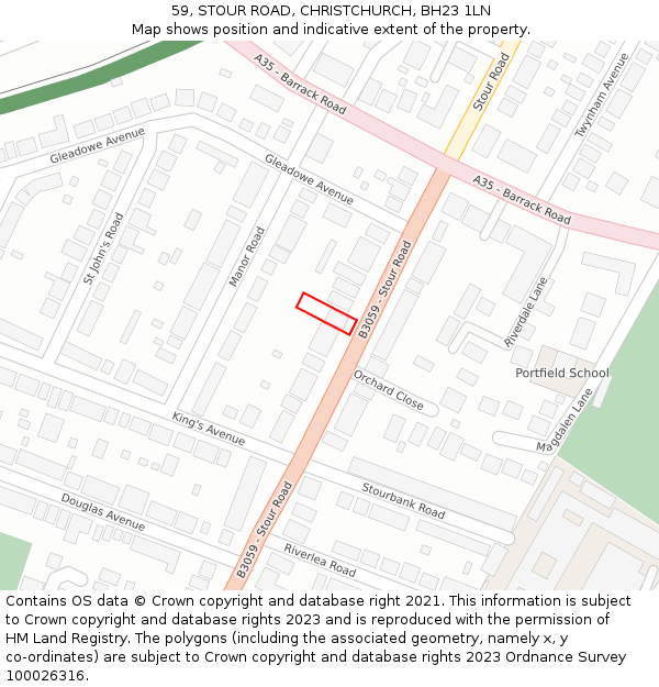 59, STOUR ROAD, CHRISTCHURCH, BH23 1LN: Location map and indicative extent of plot