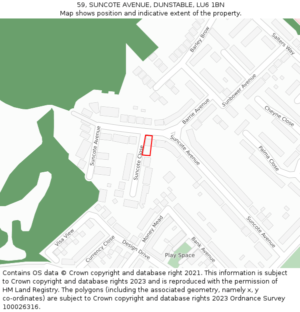 59, SUNCOTE AVENUE, DUNSTABLE, LU6 1BN: Location map and indicative extent of plot