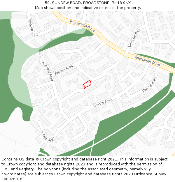 59, SUNDEW ROAD, BROADSTONE, BH18 9NX: Location map and indicative extent of plot