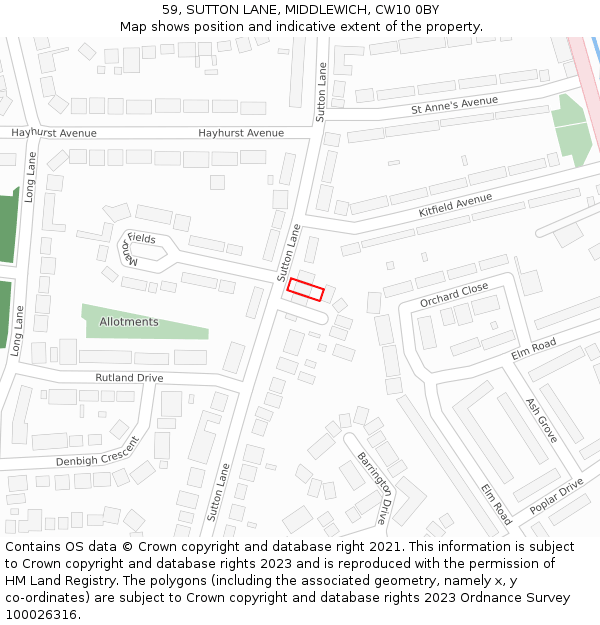 59, SUTTON LANE, MIDDLEWICH, CW10 0BY: Location map and indicative extent of plot