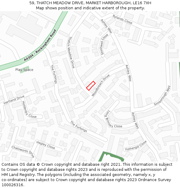 59, THATCH MEADOW DRIVE, MARKET HARBOROUGH, LE16 7XH: Location map and indicative extent of plot