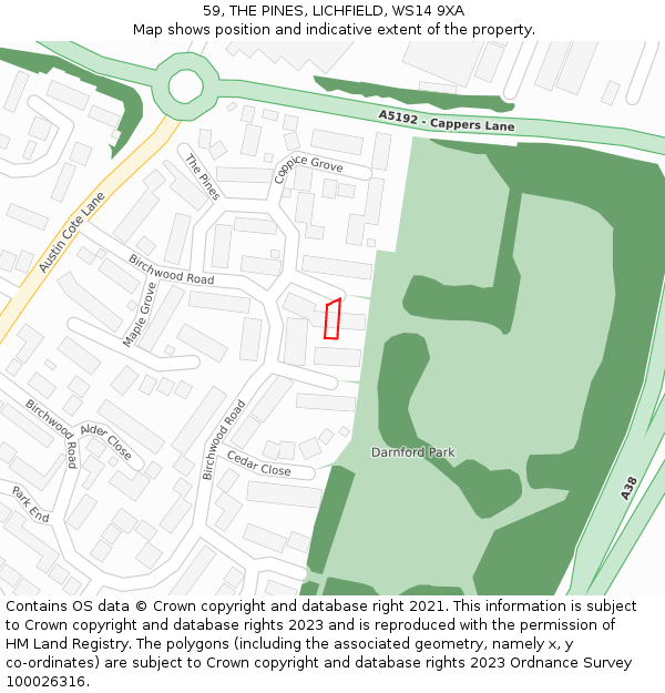 59, THE PINES, LICHFIELD, WS14 9XA: Location map and indicative extent of plot