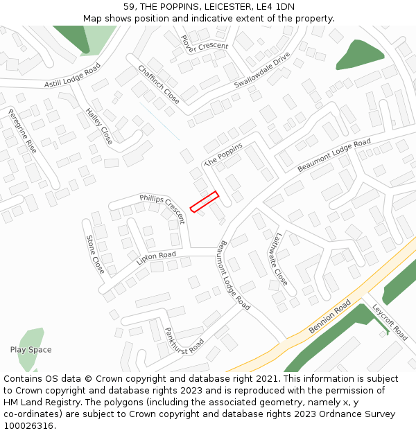 59, THE POPPINS, LEICESTER, LE4 1DN: Location map and indicative extent of plot