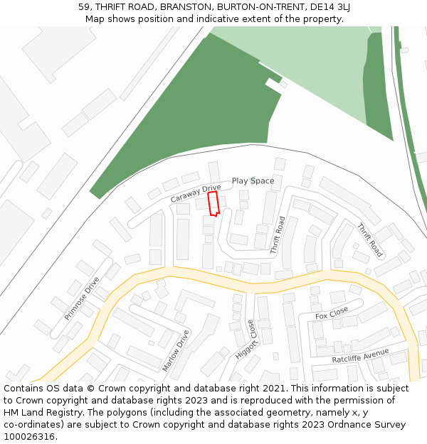 59, THRIFT ROAD, BRANSTON, BURTON-ON-TRENT, DE14 3LJ: Location map and indicative extent of plot