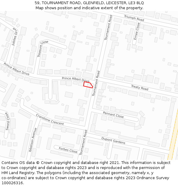 59, TOURNAMENT ROAD, GLENFIELD, LEICESTER, LE3 8LQ: Location map and indicative extent of plot