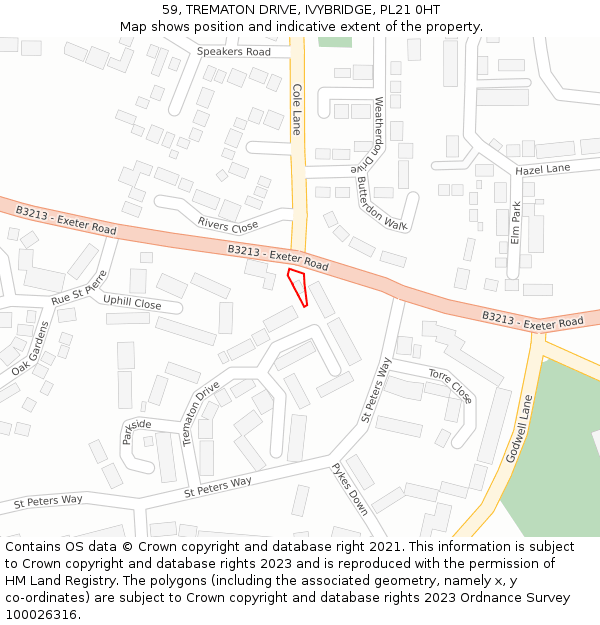 59, TREMATON DRIVE, IVYBRIDGE, PL21 0HT: Location map and indicative extent of plot