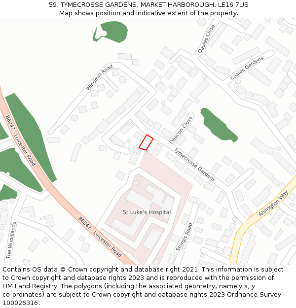 59, TYMECROSSE GARDENS, MARKET HARBOROUGH, LE16 7US: Location map and indicative extent of plot