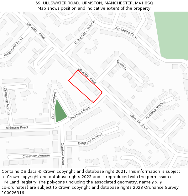 59, ULLSWATER ROAD, URMSTON, MANCHESTER, M41 8SQ: Location map and indicative extent of plot