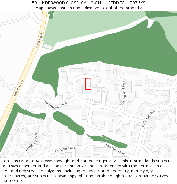 59, UNDERWOOD CLOSE, CALLOW HILL, REDDITCH, B97 5YS: Location map and indicative extent of plot