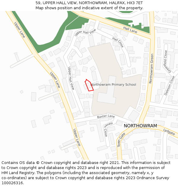 59, UPPER HALL VIEW, NORTHOWRAM, HALIFAX, HX3 7ET: Location map and indicative extent of plot