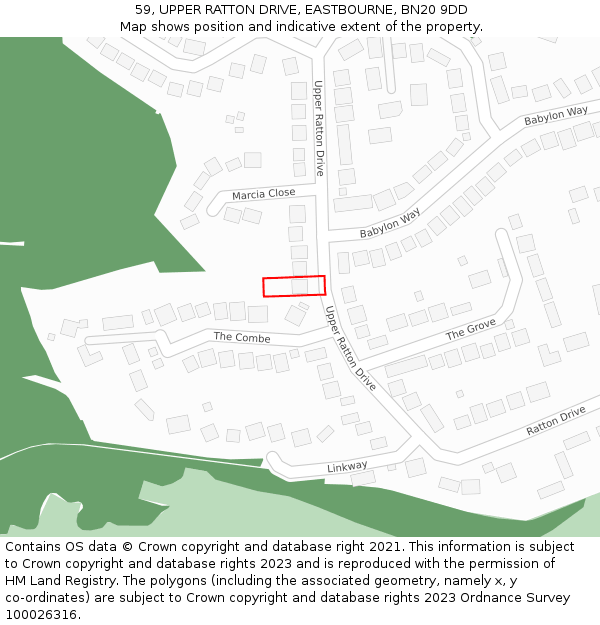 59, UPPER RATTON DRIVE, EASTBOURNE, BN20 9DD: Location map and indicative extent of plot