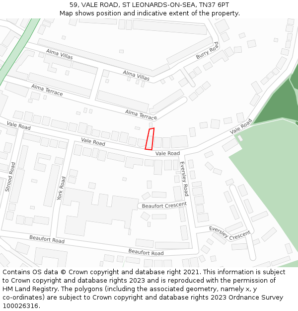 59, VALE ROAD, ST LEONARDS-ON-SEA, TN37 6PT: Location map and indicative extent of plot
