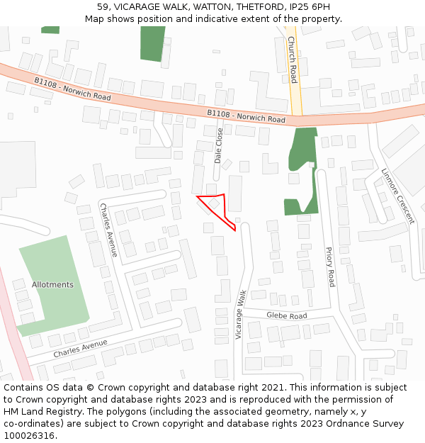 59, VICARAGE WALK, WATTON, THETFORD, IP25 6PH: Location map and indicative extent of plot