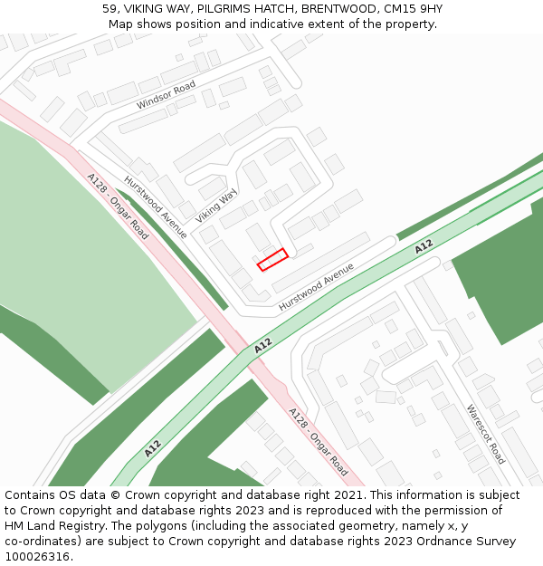 59, VIKING WAY, PILGRIMS HATCH, BRENTWOOD, CM15 9HY: Location map and indicative extent of plot