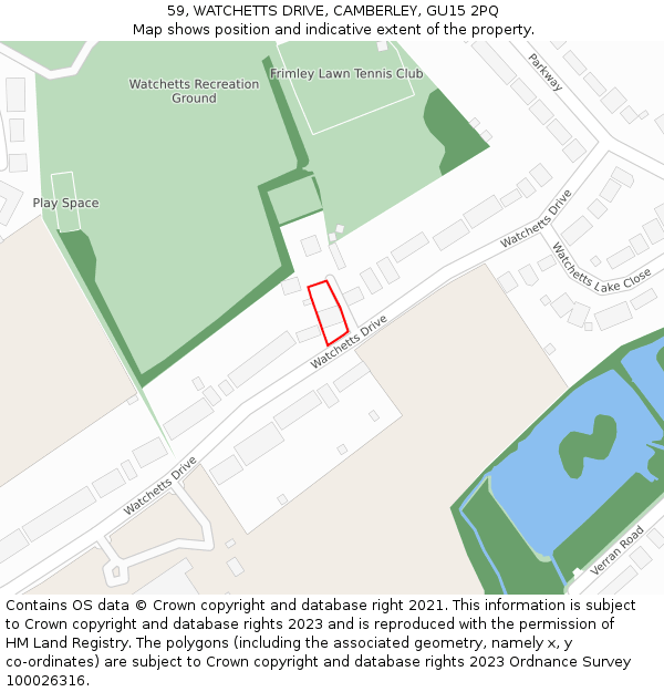 59, WATCHETTS DRIVE, CAMBERLEY, GU15 2PQ: Location map and indicative extent of plot