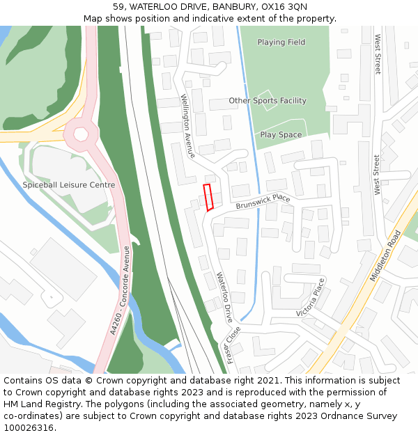 59, WATERLOO DRIVE, BANBURY, OX16 3QN: Location map and indicative extent of plot